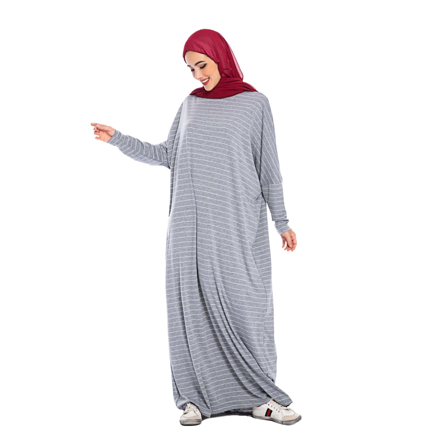 Large Women's Fashion Comfortable Bat Long Sleeve Stripe Casual Long Dress - Plush Fashions Shop 