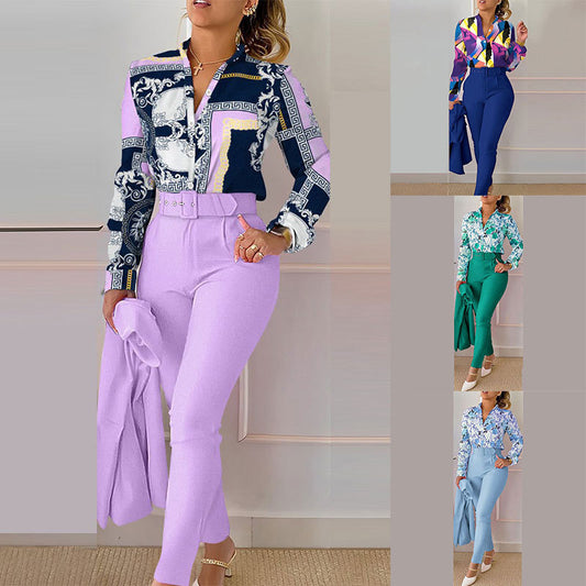 Women's Fashionable Printed Long-sleeved Shirt And Trousers Suit - Plush Fashions Shop 