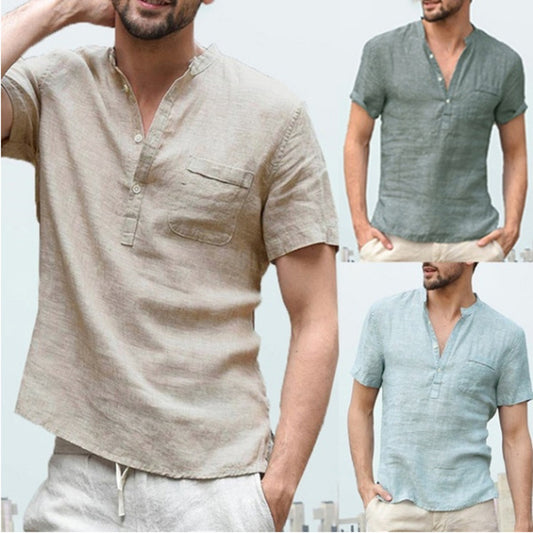 Casual Linen Solid Color Shirt Button V Neck Men Summer Tops - Plush Fashions Shop 