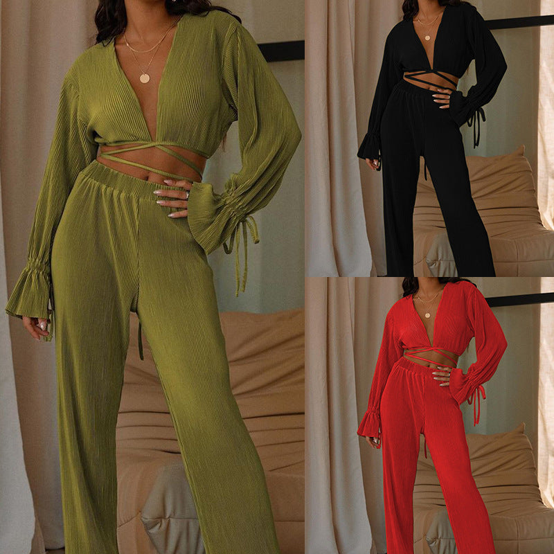 Women's Clothing Solid Color And V-neck Fashion Suit - Plush Fashions Shop 