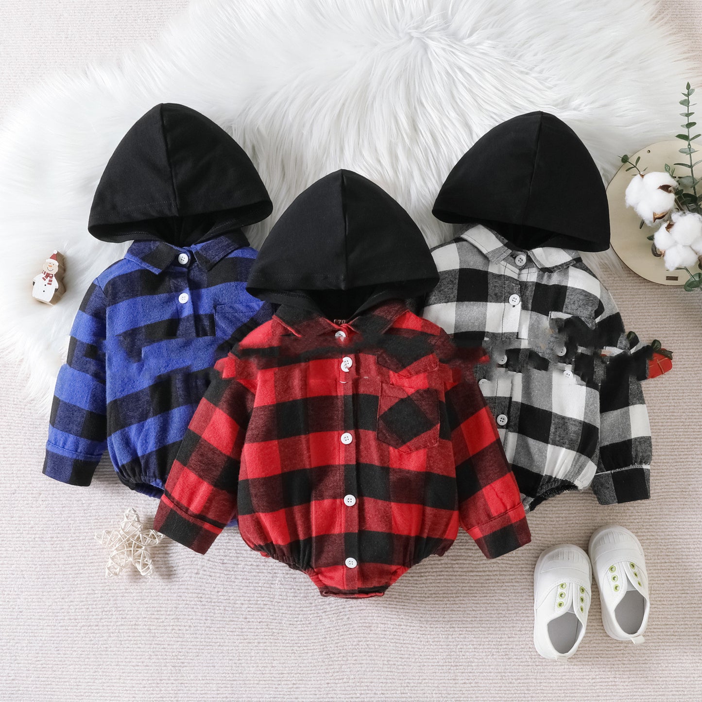 Baby Plaid Button Hooded Jumpsuit - Plush Fashions Shop 