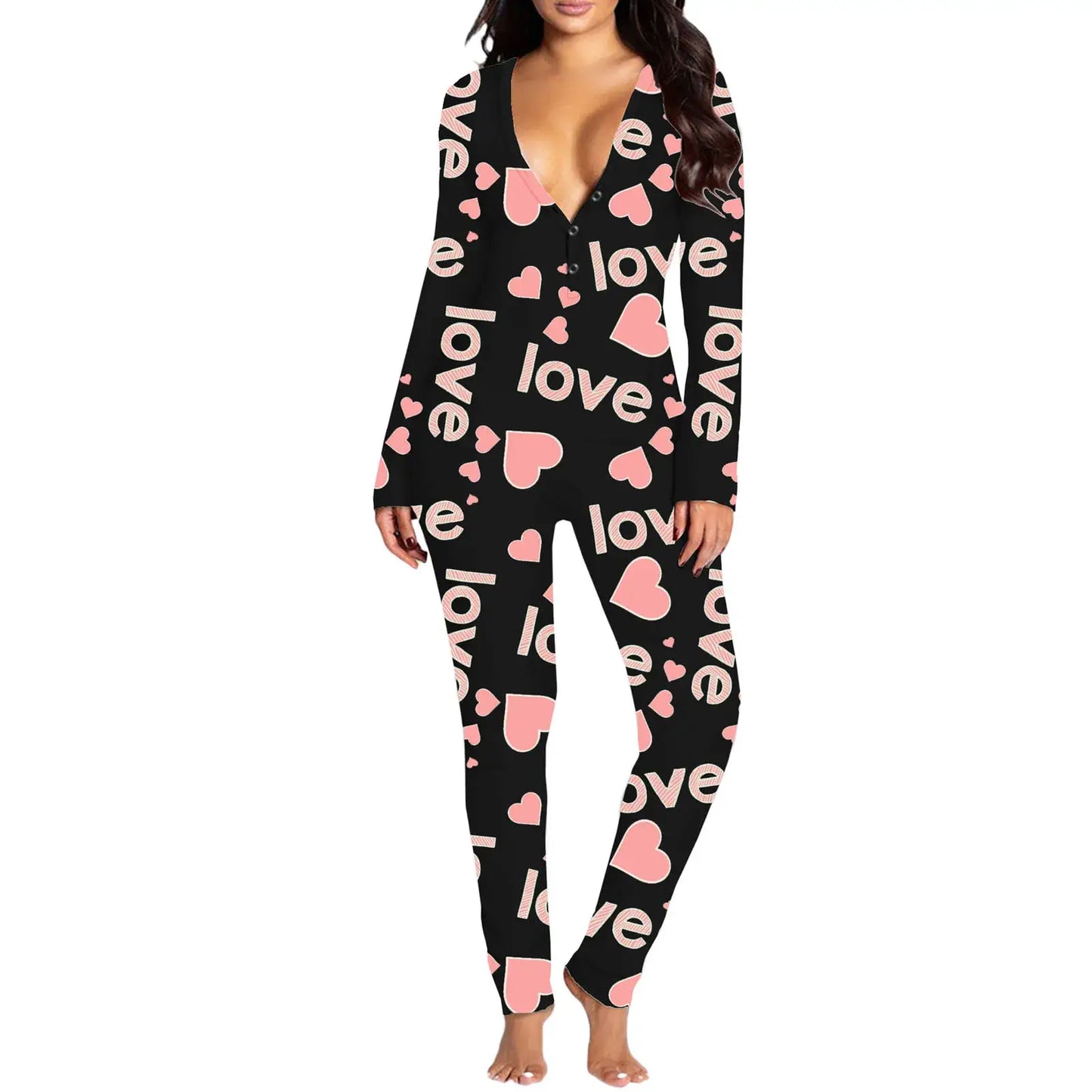 Women Jumpsuit Long Sleeve V Neck Button Closure Letters Heart Print Loungewear Sleepwear