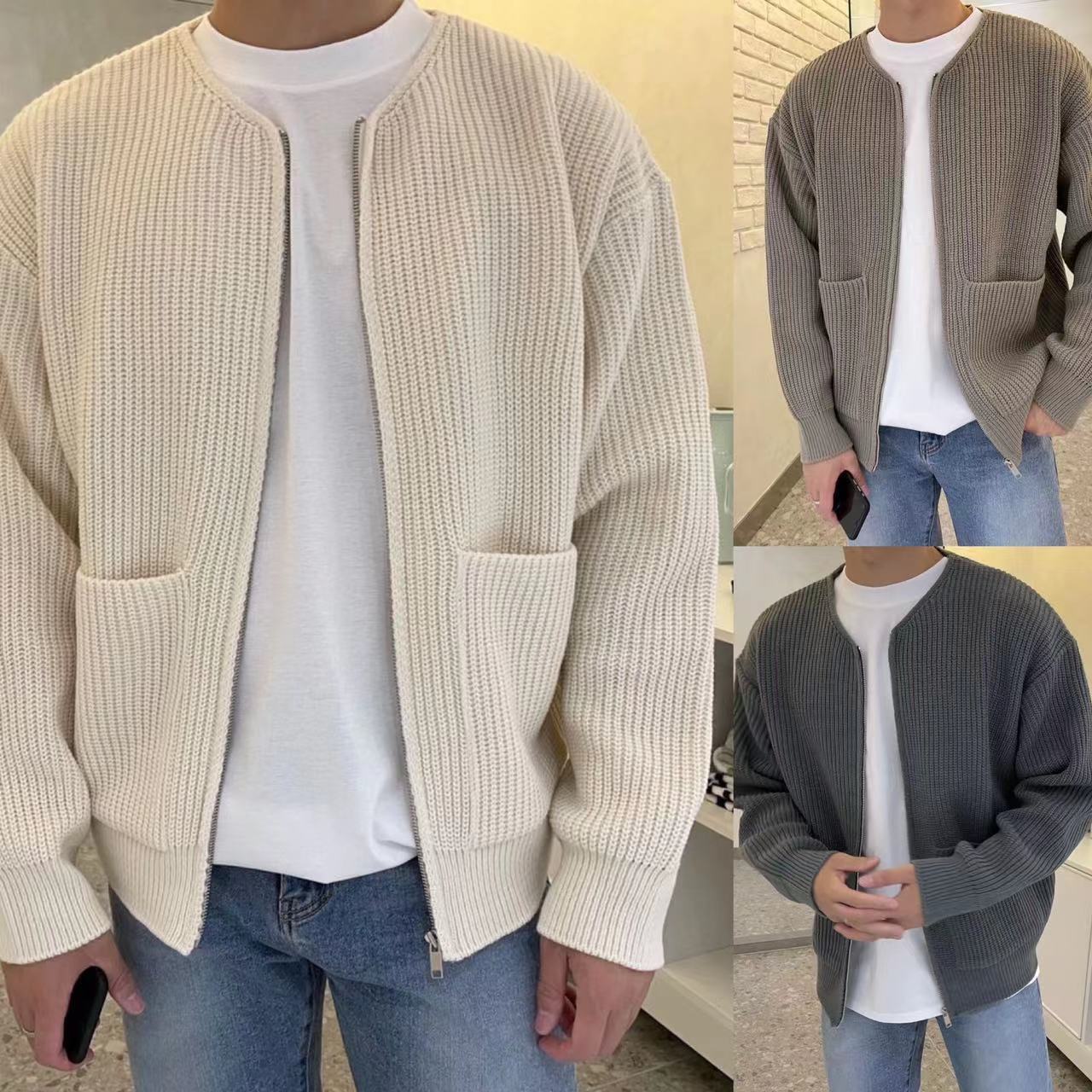 Men Zip Up Knitted Lined Funnel Neck Men's  Sweater