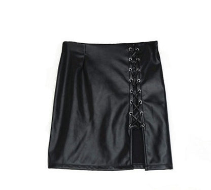 Black Lace Up PU Leather Skirts - Plush Fashions Shop 