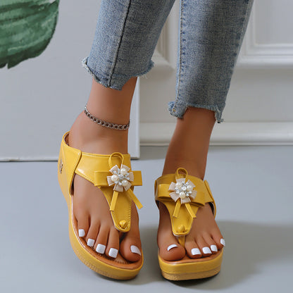 Flower Pearl Sandals Women Fashion Clip Toe Flip Flops Shoes Wedges Beach Shoes - Plush Fashions Shop 