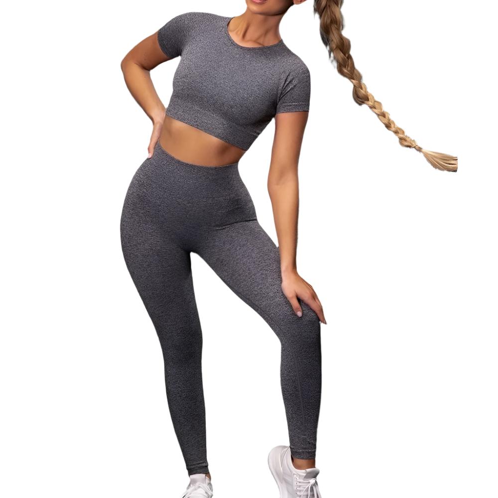 Seamless Yoga Sport Fitness Women Leggings and Short Sleeve Tops - Plush Fashions Shop 