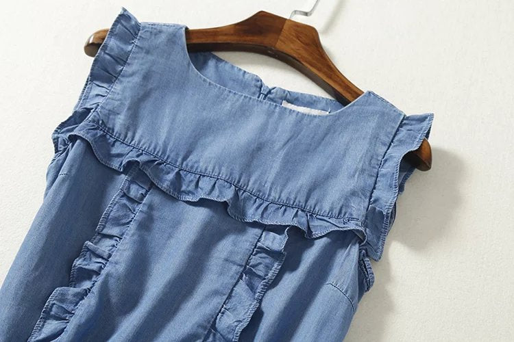 Ruffled Tencel Denim Short One-piece Dress - Plush Fashions Shop 