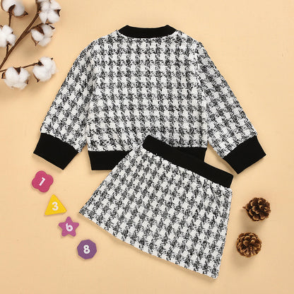 Black long-sleeved temperament two-piece suit skirt plaid children's clothing - Plush Fashions Shop 