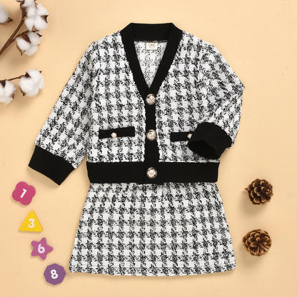 Black long-sleeved temperament two-piece suit skirt plaid children's clothing - Plush Fashions Shop 