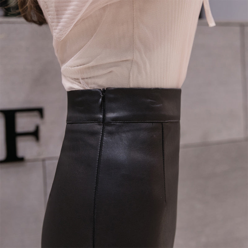 Leather Skirt Women Autumn Long Mesh Splicing Skirt - Plush Fashions Shop 