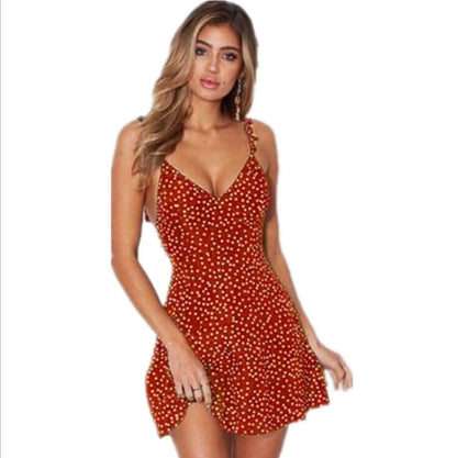 Polka-dot Strappy Dress Women Summer Fashion Beach Sundress - Plush Fashions Shop 