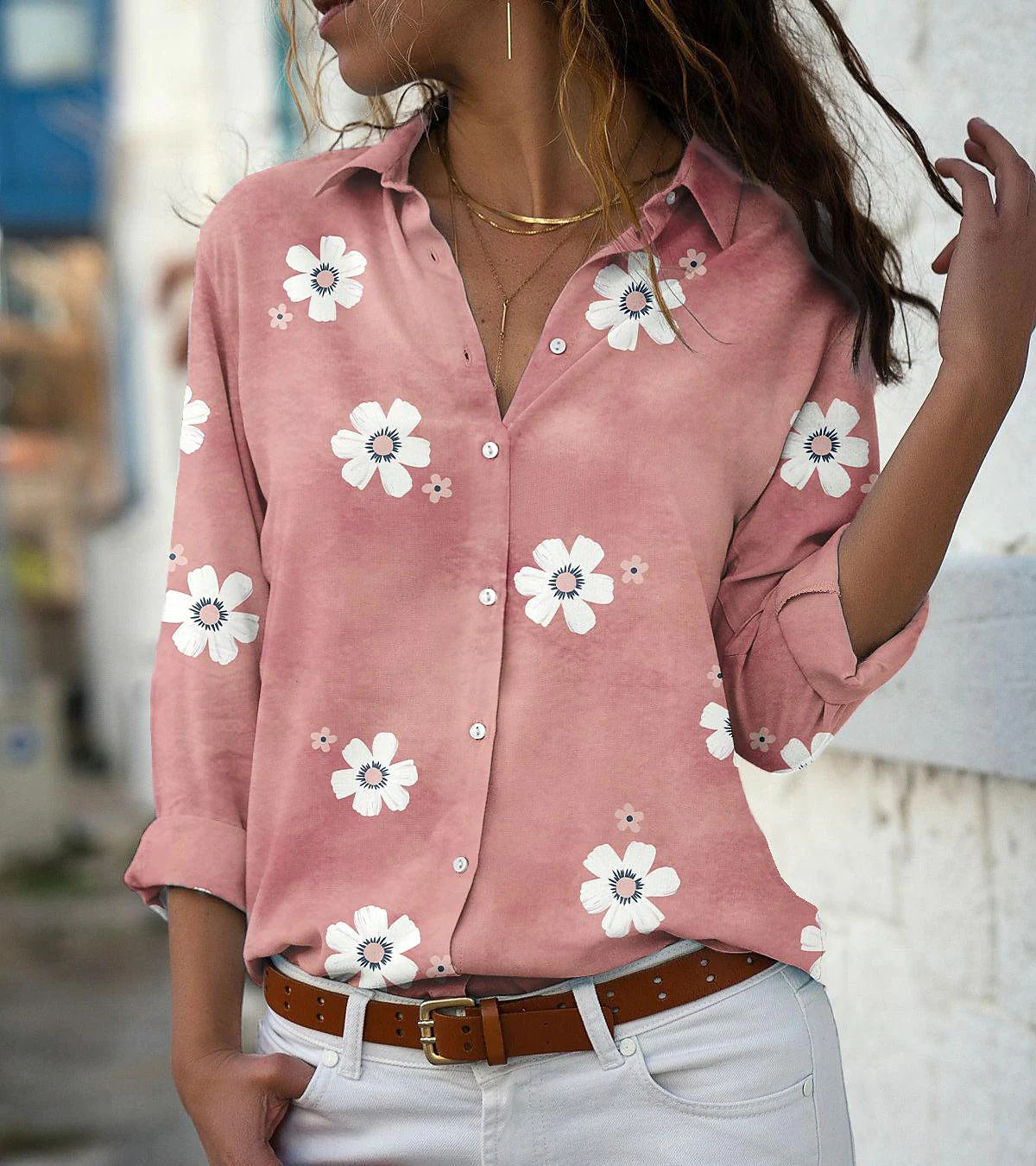 Women's Solid Color Floral Print Long-sleeved Shirt - Plush Fashions Shop 