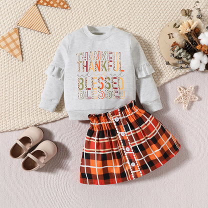 Children's Letter Printed Plaid Sweater Two-piece Set - Plush Fashions Shop 