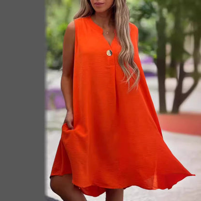 Summer V-neck Sleeveless Dress With Button Decoration Solid Color Dresses For Womens Clothing - Plush Fashions Shop 