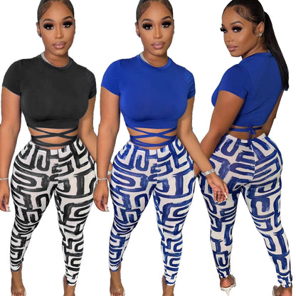 Fashion Printed Trousers Short Sleeve Two-piece Set - Plush Fashions Shop 