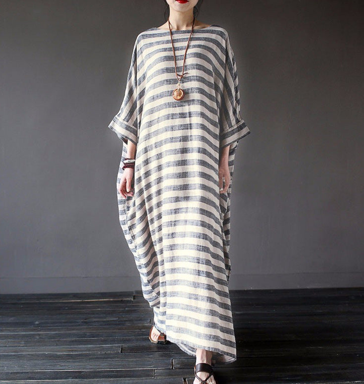 Cotton And Linen Stripes Loose Plus Size Long Dress - Plush Fashions Shop 