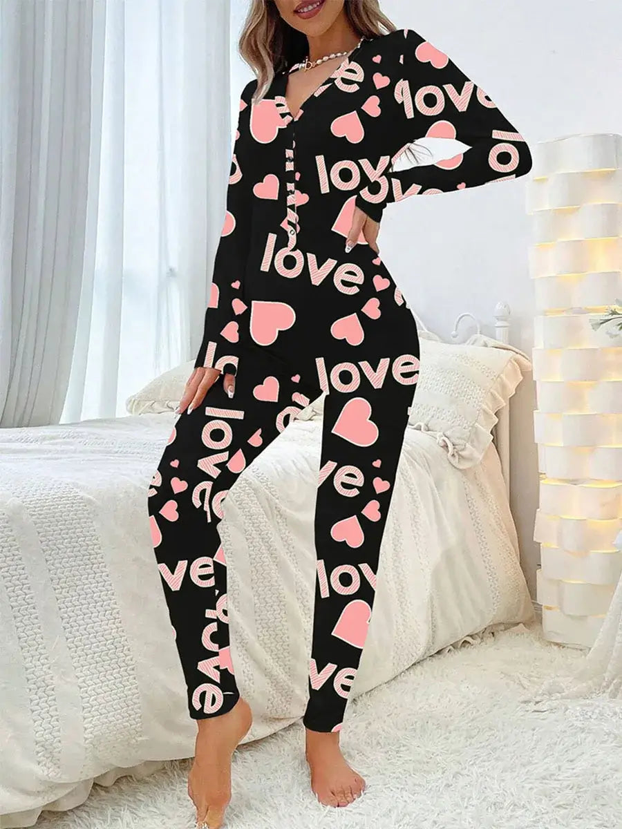 Women Jumpsuit Long Sleeve V Neck Button Closure Letters Heart Print Loungewear Sleepwear