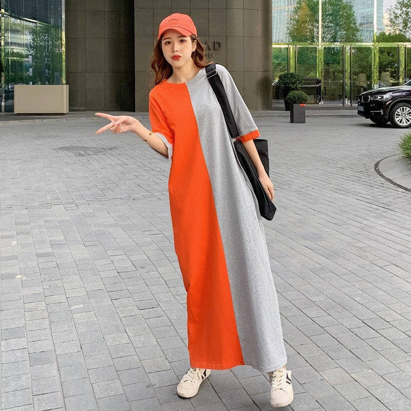 Women's Fashion Casual Cotton Colorblock Loose T-Shirt Dress - Plush Fashions Shop 