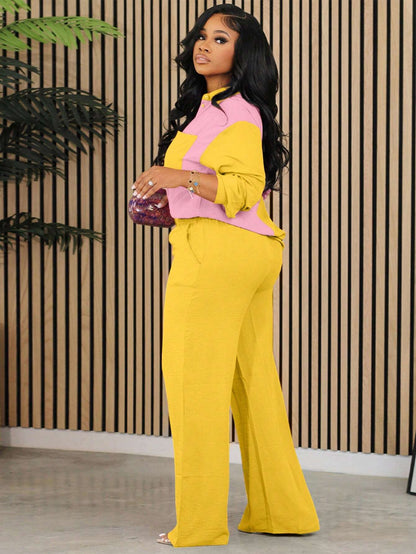 Colorblocked Shirt with Pocket Patch and Wide Leg Pants