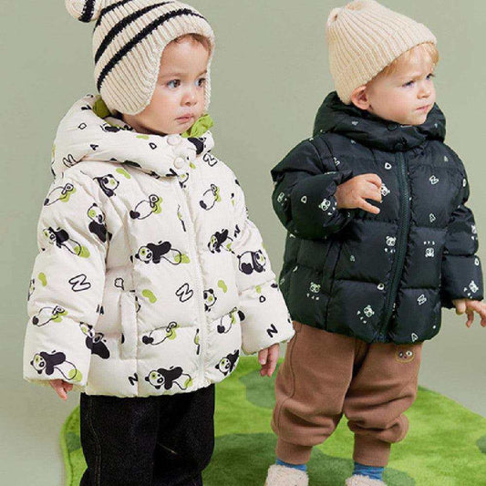 Children's down coat with panda design in beige and black, featuring tall hat collar for windproof thermal protection.