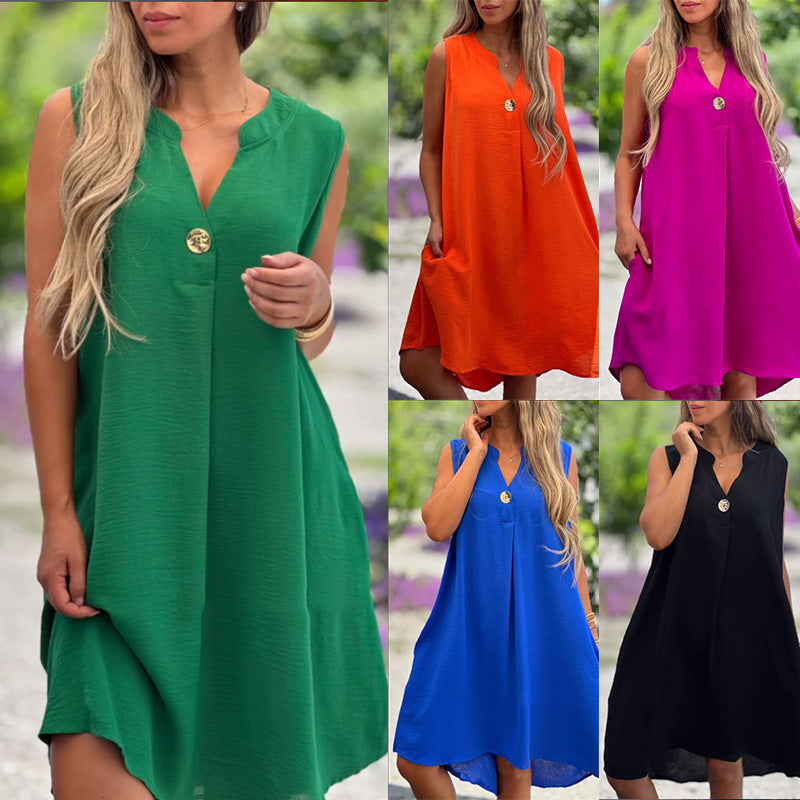 Summer V-neck Sleeveless Dress With Button Decoration Solid Color Dresses For Womens Clothing - Plush Fashions Shop 