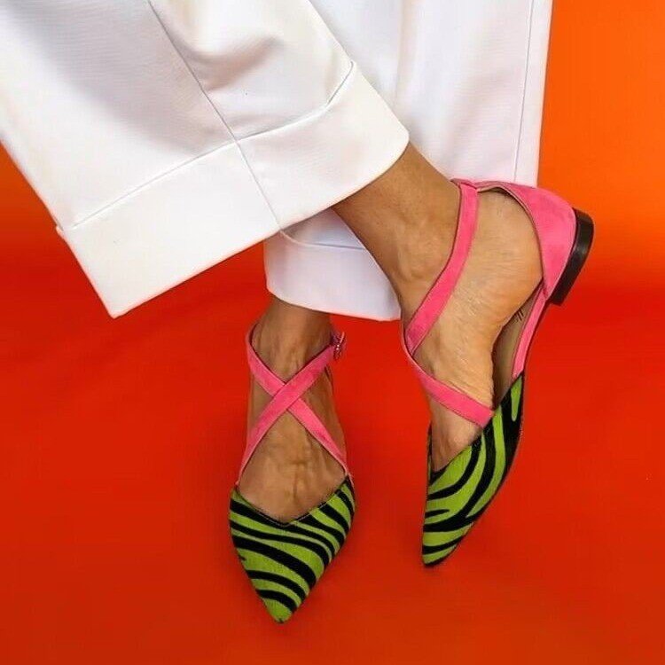Summer Pointed Toe Shallow Mouth Zebra Pattern Flat Sandals - Plush Fashions Shop 