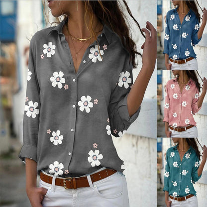 Women's Solid Color Floral Print Long-sleeved Shirt - Plush Fashions Shop 