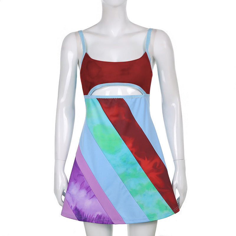 Y2K Aesthetic Patchwork Front Cut Out Stripe Spaghetti Strap Sexy Rave Party Dresses - Plush Fashions Shop 