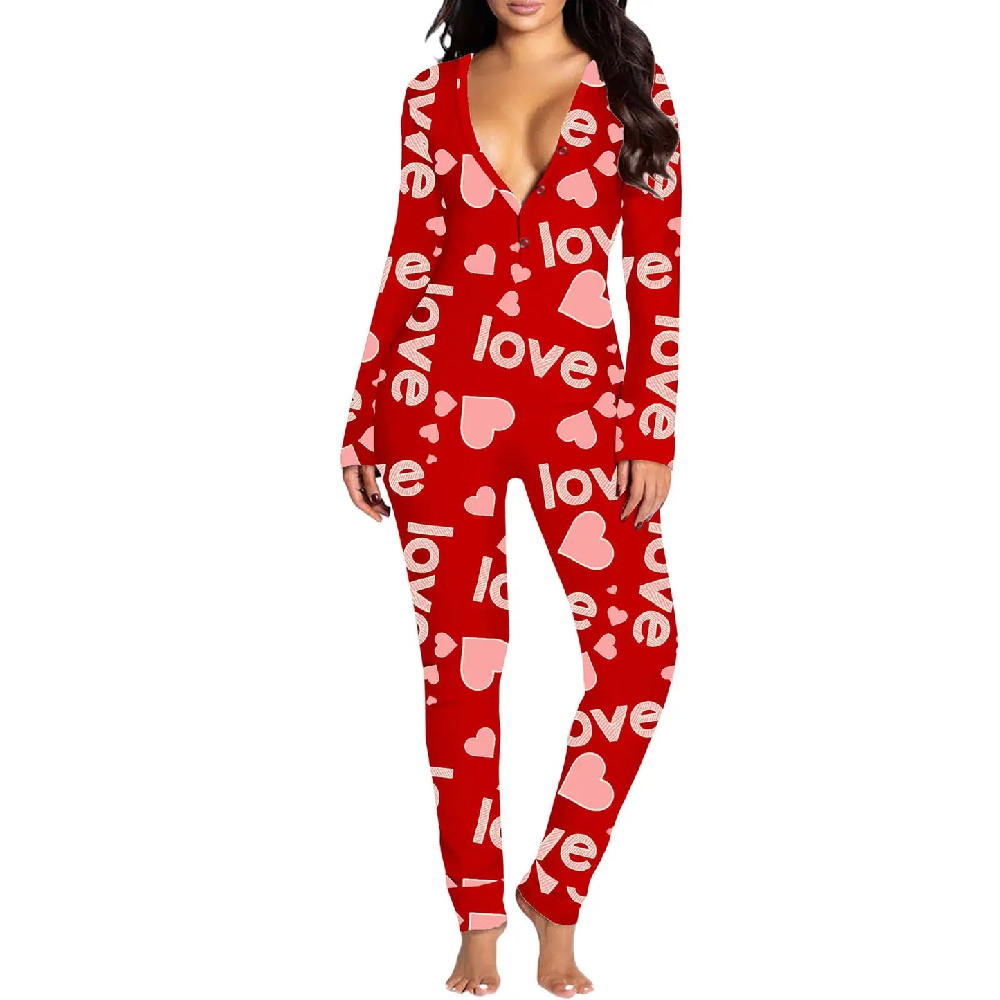 Women Jumpsuit Long Sleeve V Neck Button Closure Letters Heart Print Loungewear Sleepwear