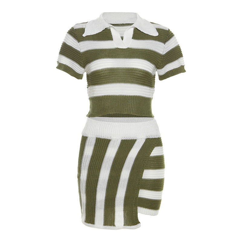 Polo Collar Short Sleeve Striped Contrast Color Fit Sheath Skirt Outfit - Plush Fashions Shop 