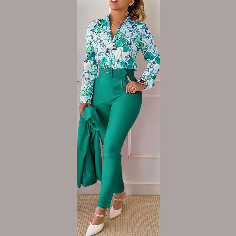 Women's Fashionable Printed Long-sleeved Shirt And Trousers Suit - Plush Fashions Shop 