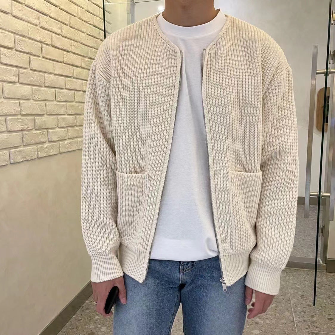 Men Zip Up Knitted Lined Funnel Neck Men's  Sweater