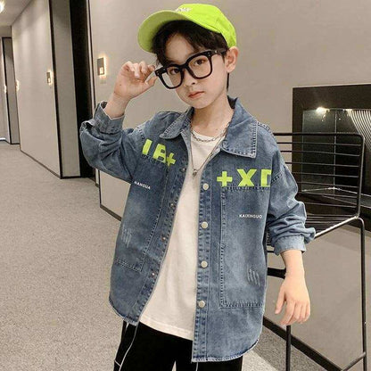 Boys denim shirt jacket, long-sleeved western style, blue, for casual occasions.