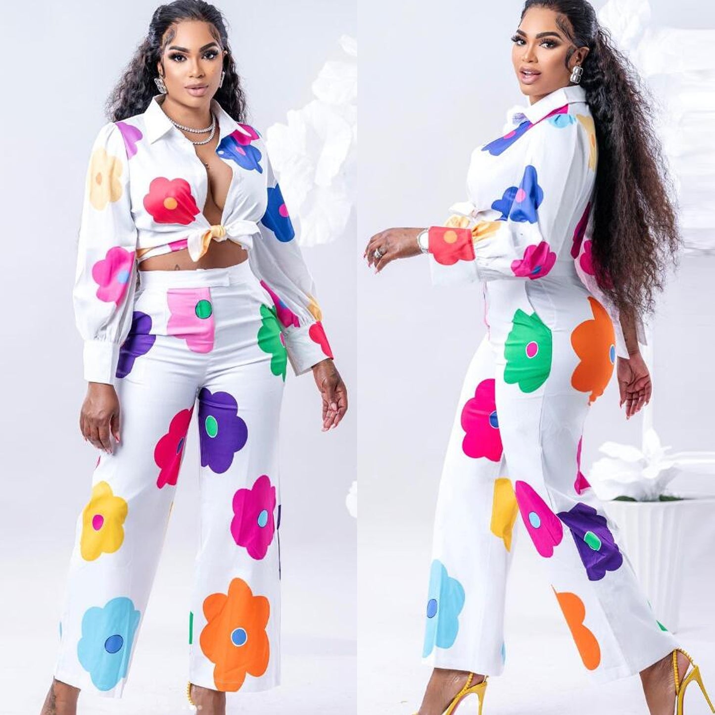 Women's Fashion Color Printed Two-piece Pant Set - Plush Fashions Shop 