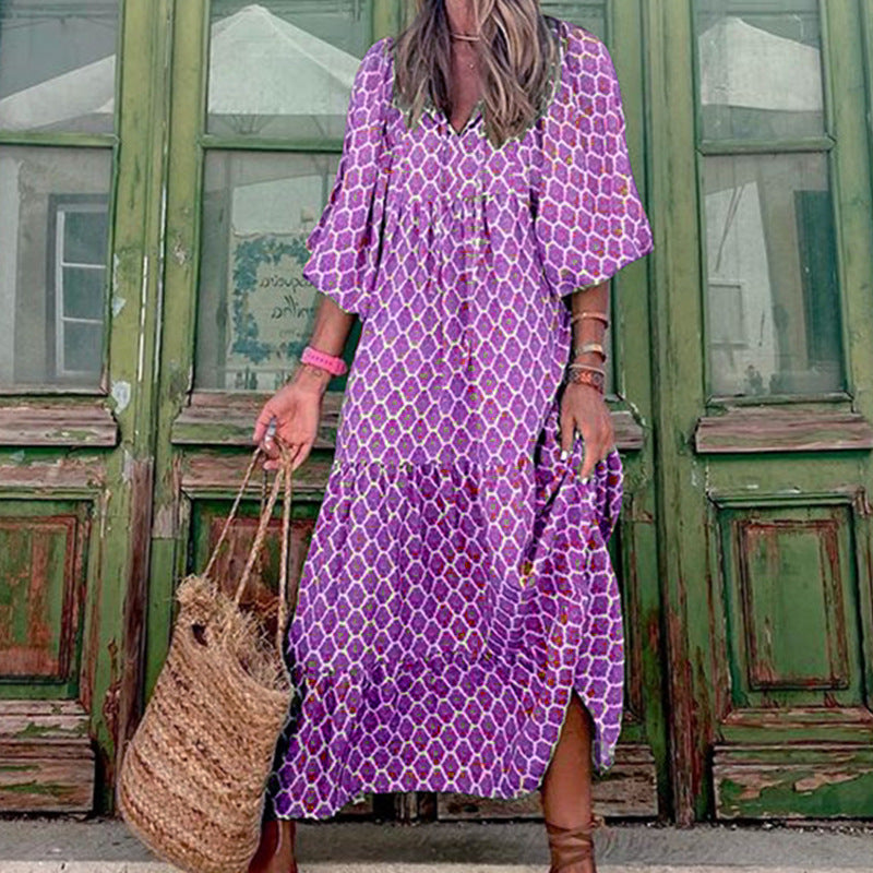 Summer Women's Vintage Printed Bohemian Dress Elegant Ladies Casual Loose V-Neck Short Sleeve Long Dresses - Plush Fashions Shop 