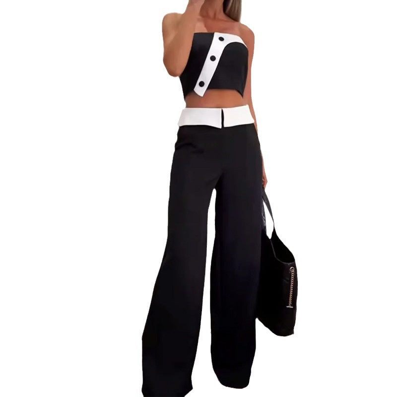 Fashion Hot Girl Vest High Waist Wide Leg Pants Color Matching Suit - Plush Fashions Shop 