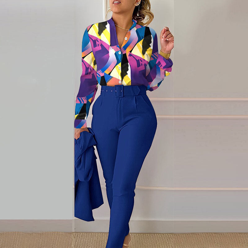 Women's Fashionable Printed Long-sleeved Shirt And Trousers Suit - Plush Fashions Shop 
