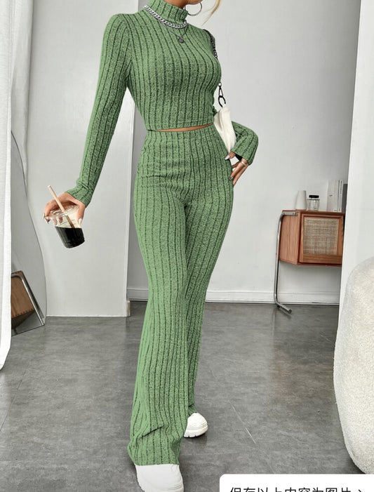 Long Sleeve Turtleneck Wide Leg High Waist Pants Suit - Plush Fashions Shop 