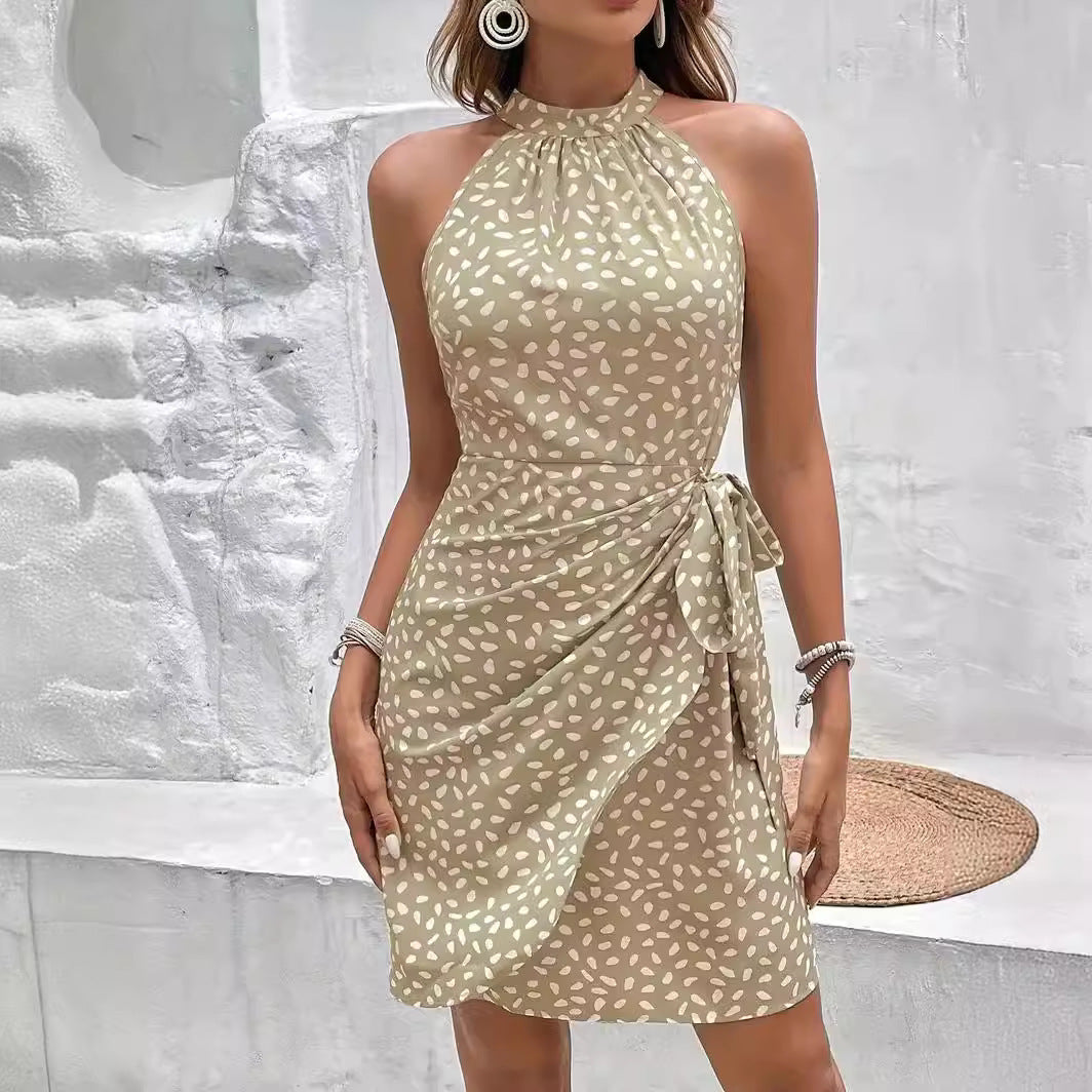 Summer Halterneck Printed Dress With Tied-waist Design Women's Shivering Dots Temperament Dress - Plush Fashions Shop 