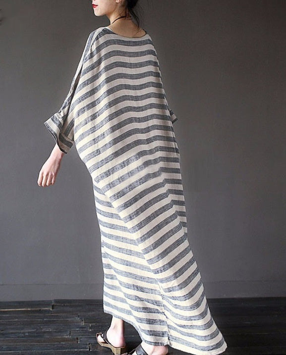 Cotton And Linen Stripes Loose Plus Size Long Dress - Plush Fashions Shop 