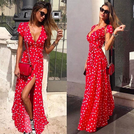 New Women Wave Point Short Sleeve Ladies V Neck Stretch Bodycon Maxi Dress - Plush Fashions Shop 