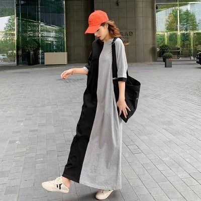 Women's Fashion Casual Cotton Colorblock Loose T-Shirt Dress - Plush Fashions Shop 