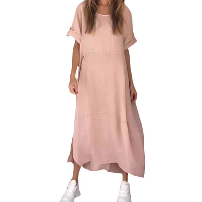 Loose Casual Solid Color Short Sleeve Cotton And Linen Dress - Plush Fashions Shop 