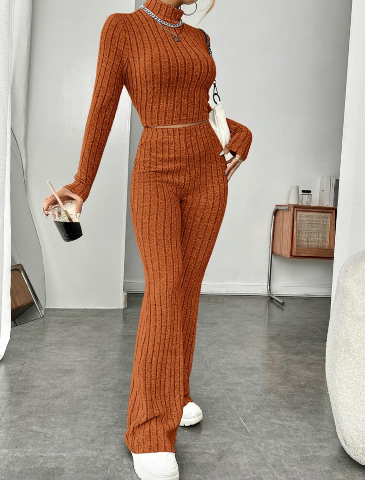 Long Sleeve Turtleneck Wide Leg High Waist Pants Suit - Plush Fashions Shop 