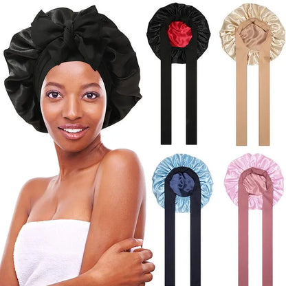 "AWAYTR Double Layered Satin Night Caps for Women - Silk Bonnet Hair Care Sleeping Hat with Elastic Tie Band"