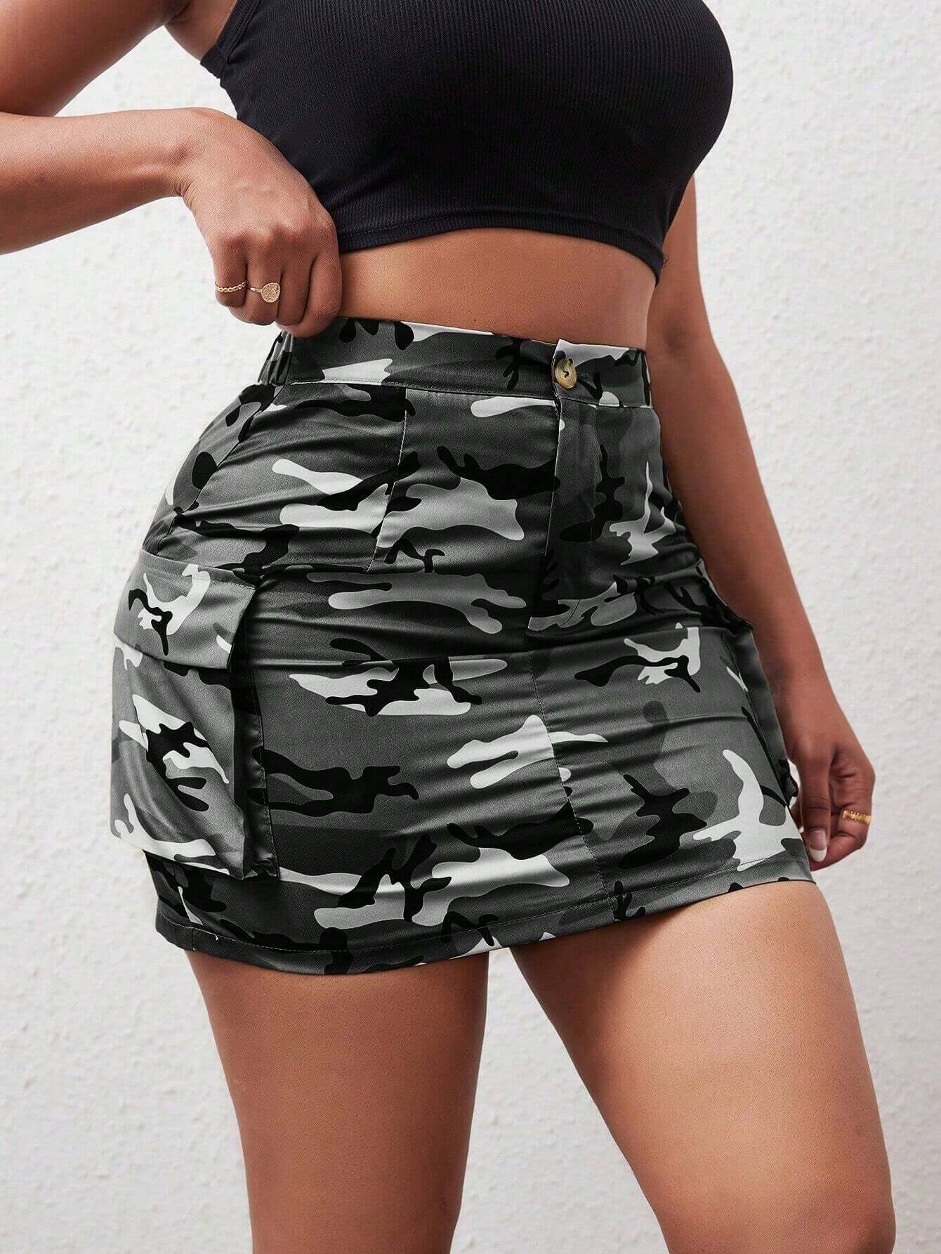 SHEIN Slayr Camo Print Flap Pocket Side Cargo Skirt