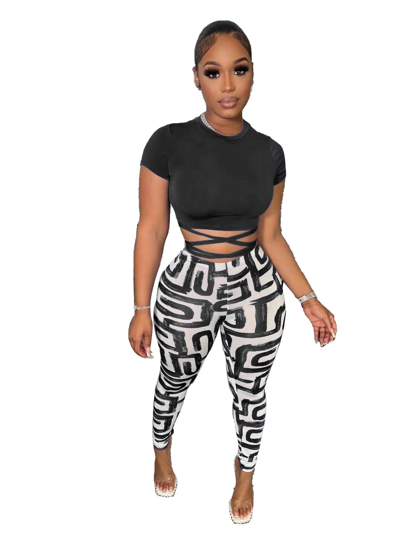 Fashion Printed Trousers Short Sleeve Two-piece Set - Plush Fashions Shop 