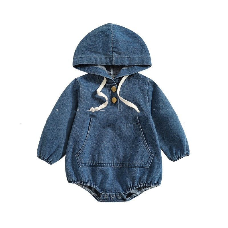 Boys' Denim Hooded Triangle Rompers Outing Jumpsuit - Plush Fashions Shop 