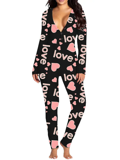 Women Jumpsuit Long Sleeve V Neck Button Closure Letters Heart Print Loungewear Sleepwear