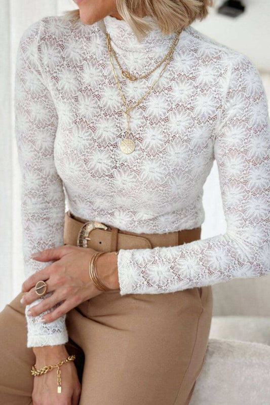 Mock Neck Long Sleeve Lace TopIndulge in luxury and elegance with our Mock Neck Long Sleeve Lace Top. Made from a stretchy, semi-sheer lace material, this top hugs your curves and adds a touch ofShirtPlush Fashion ShopPlush Fashion ShopMock Neck Long Sleeve Lace Top